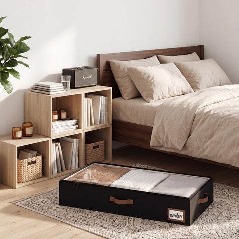 StorageWorks stacked bins maximizing vertical storage in a closet