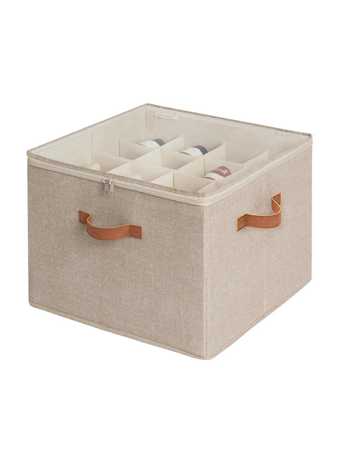 StorageWorks front view showing taupe box and organized shoes — clear visibility benefit
