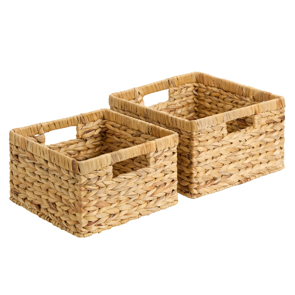 StorageWorks front view of two wicker baskets showing neat stacked storage benefit