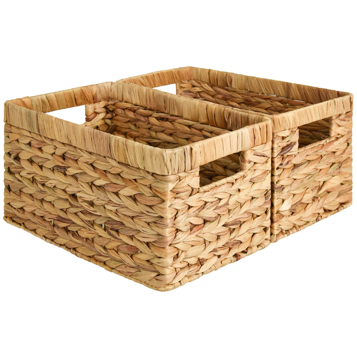 StorageWorks front view of two wicker baskets showing neat shelf-ready storage benefit