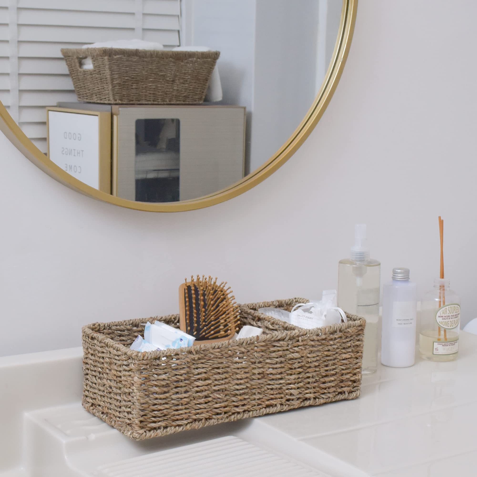 StorageWorks styled in bathroom setting adding natural decor and practical storage