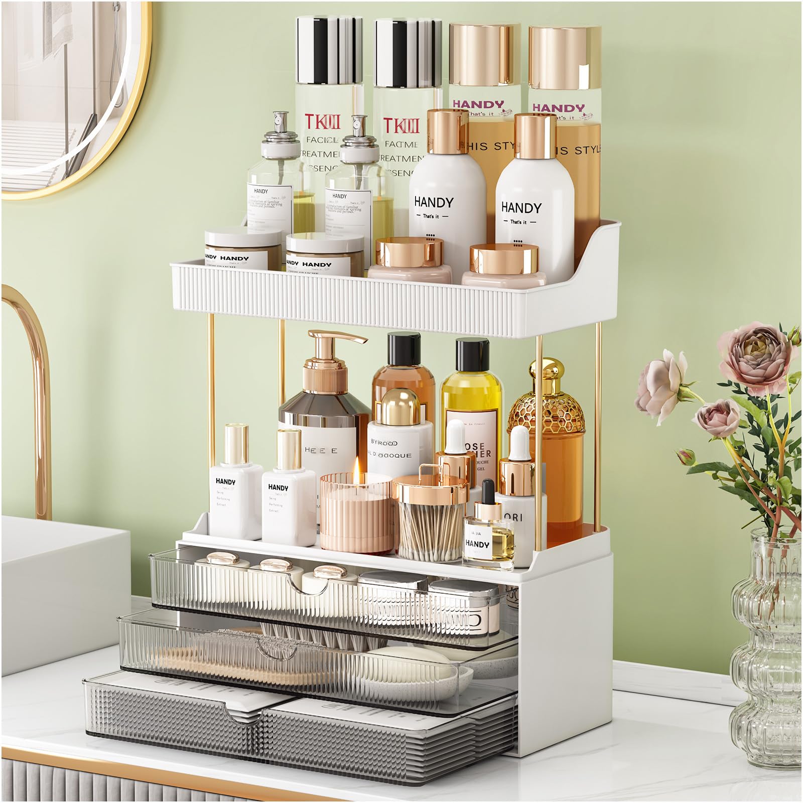 StorBin front view showing two shelves and three drawers for tidy storage