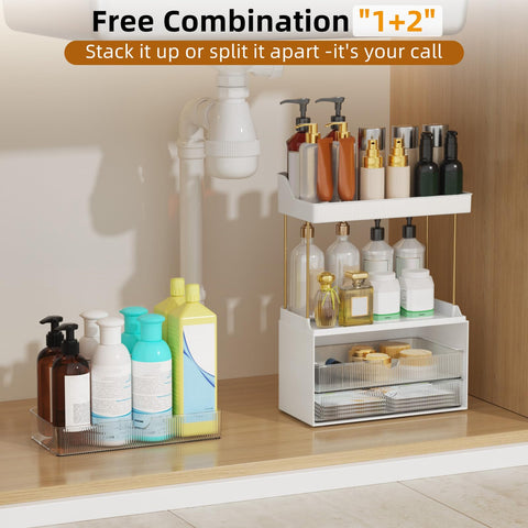 StorBin on vanity with products showing compact footprint and stylish organization