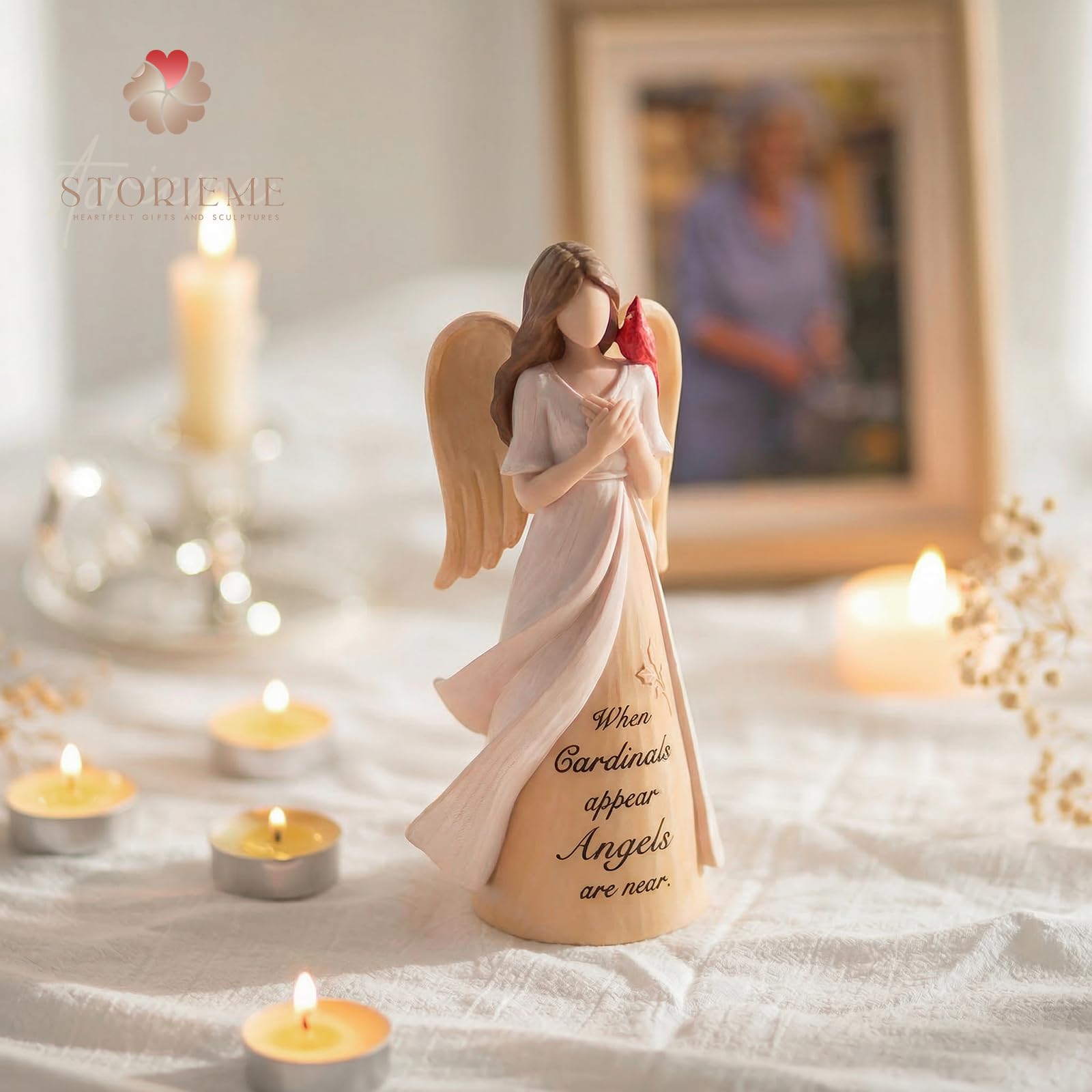 Storieme Cardinal Angel on nightstand suggesting bedside comfort and accessibility