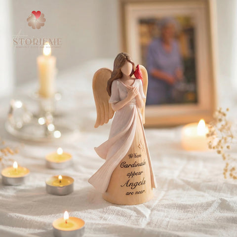 Storieme Cardinal Angel on nightstand suggesting bedside comfort and accessibility