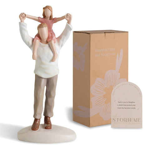 Storieme front view of figurine showing father and daughter, evokes warmth