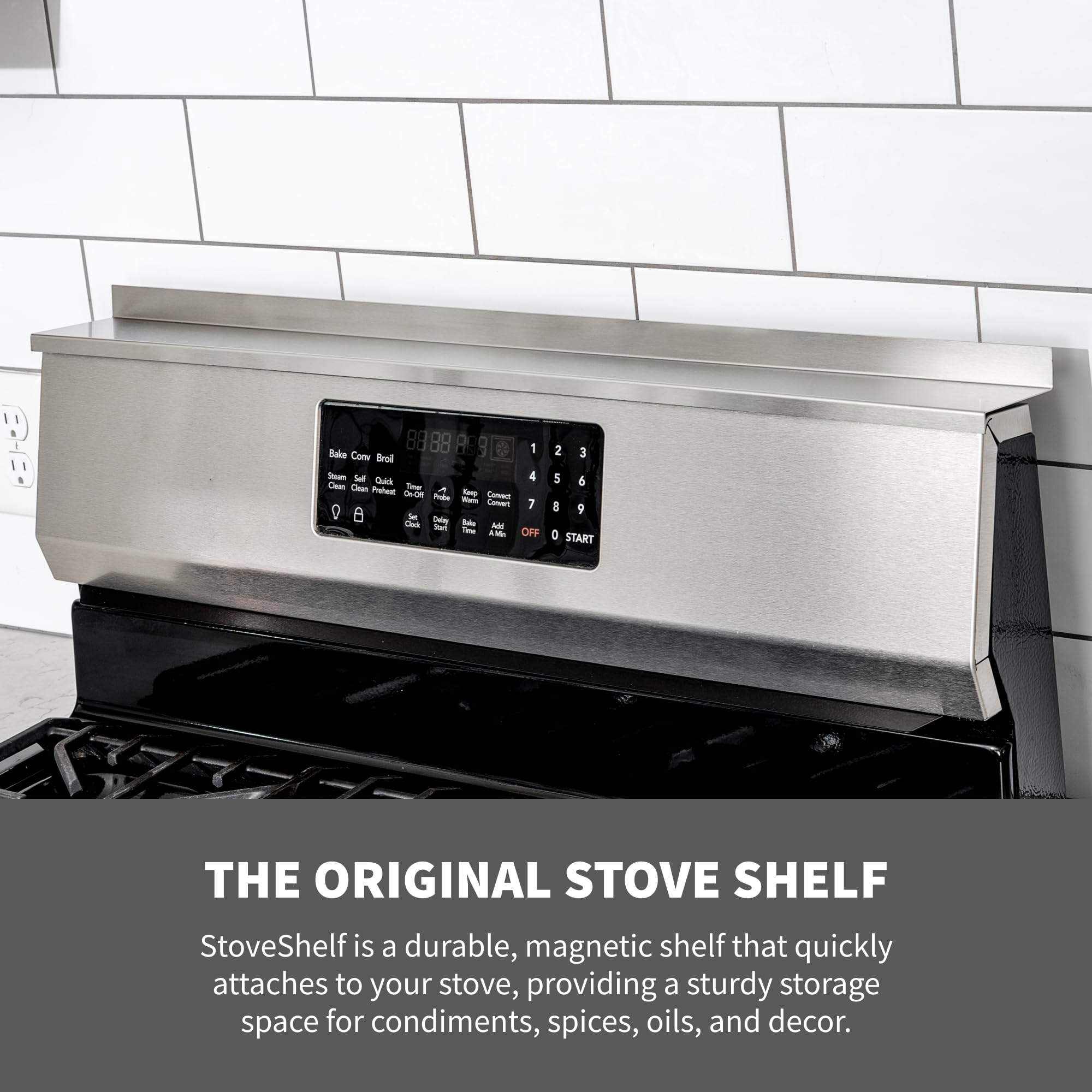 STOVE SHELF close-up of silicone-encased magnets protecting stove finish and holding firm