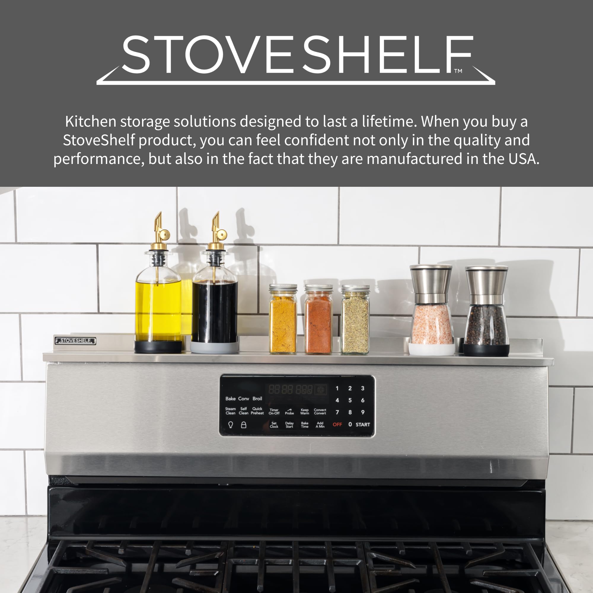 STOVE SHELF installed over stove in modern kitchen creating organized cooking area