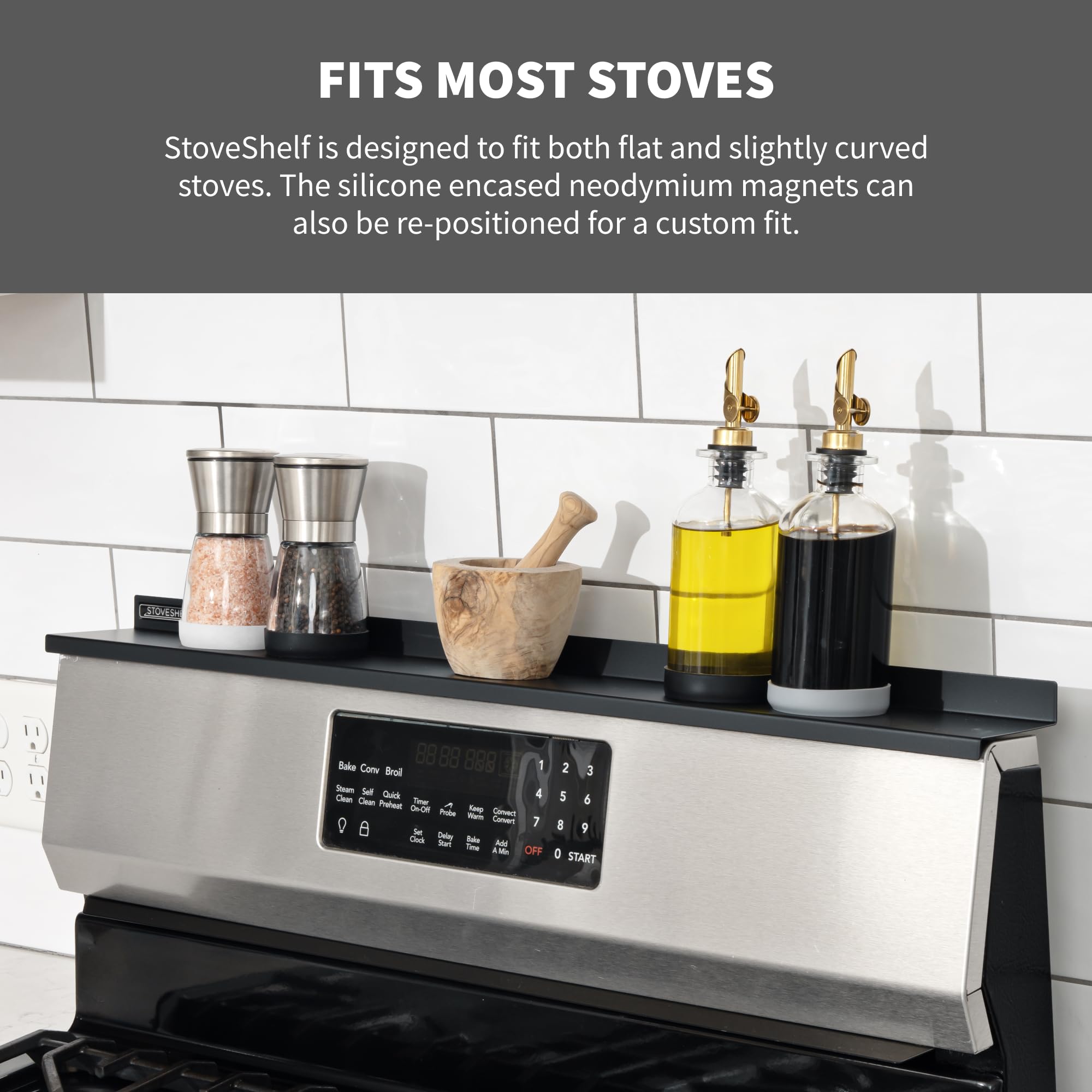 STOVE SHELF stainless steel black finish highlighting durable, rust-resistant construction