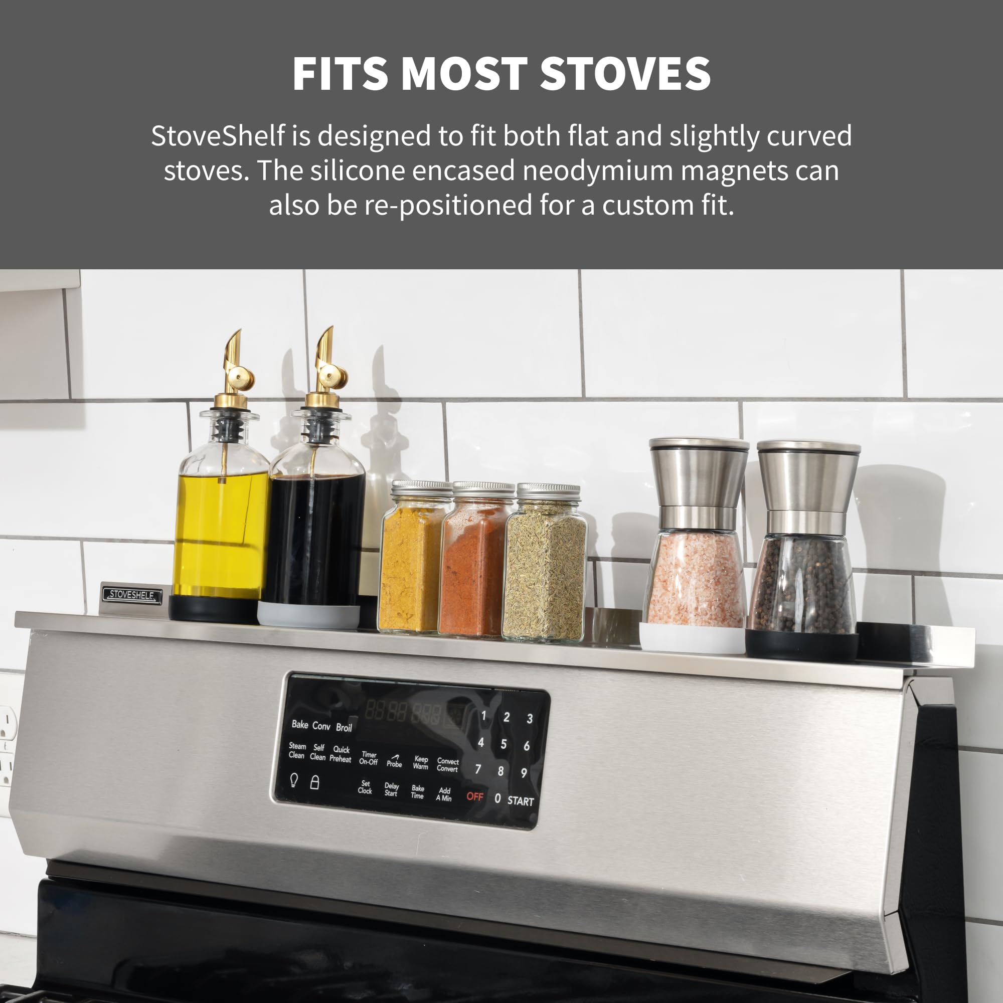 STOVE SHELF thin side profile demonstrating low-profile space-saving benefit