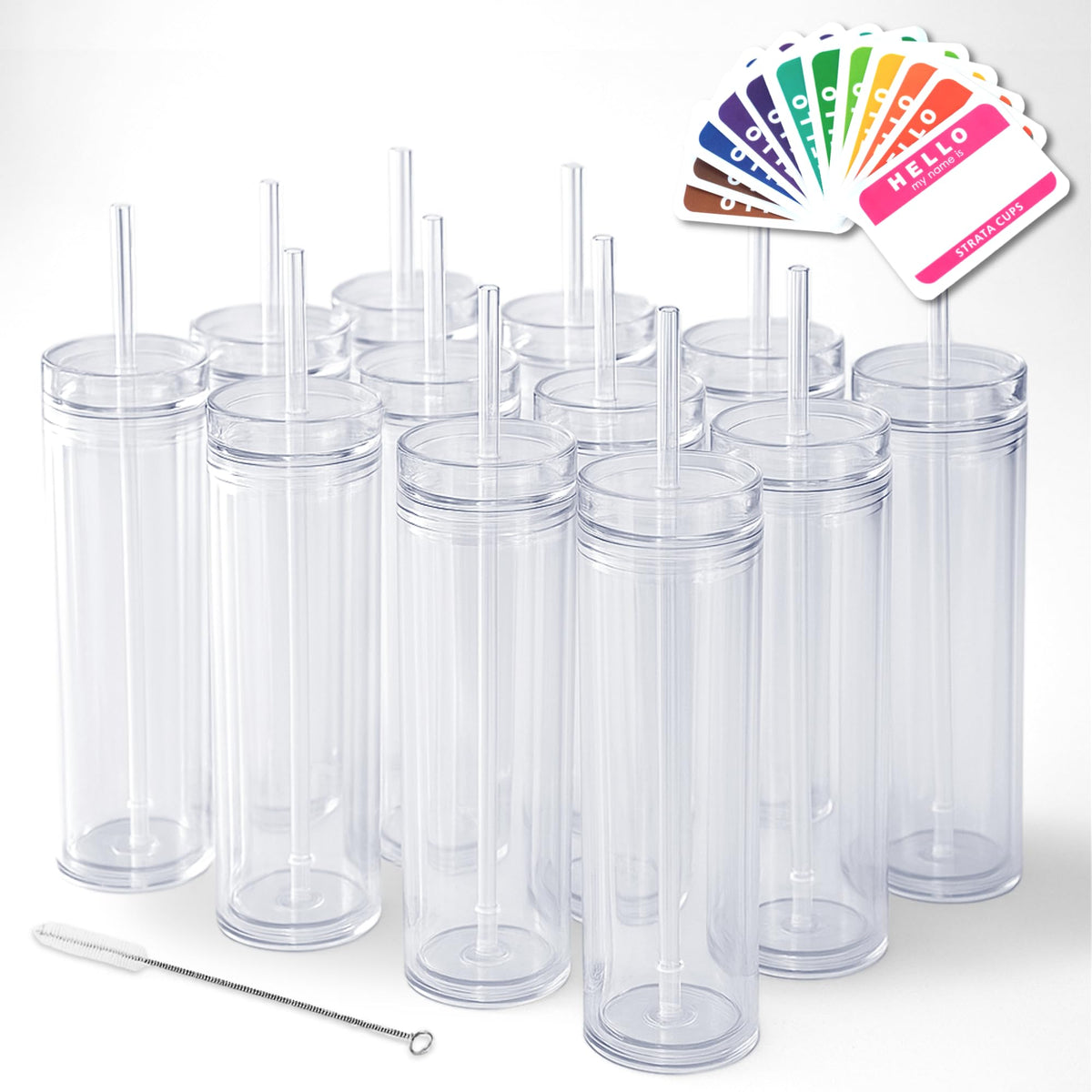 STRATA CUPS front packaging showing 12 clear tumblers and included accessories