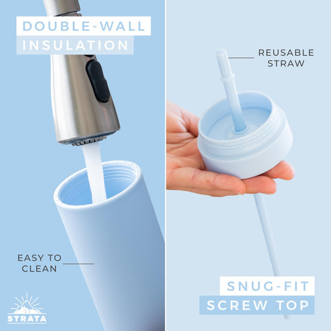 STRATA CUPS screw-top lid detail demonstrating tight seal and splash resistance