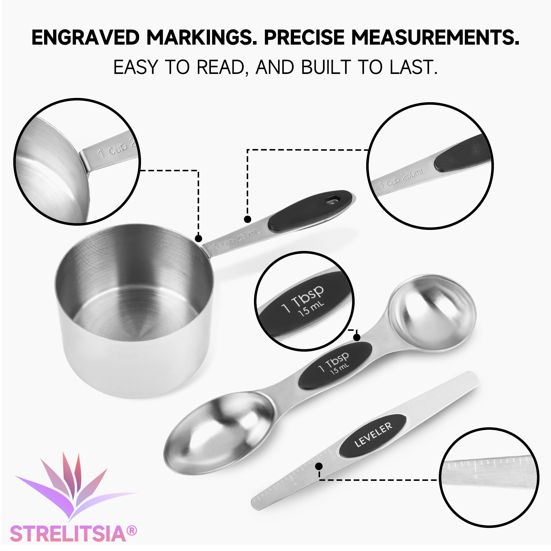 Strelitsia measuring cup pouring through spout to reduce spills when transferring