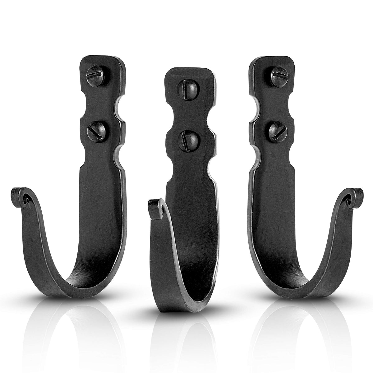 Stur-De front view of three black iron hooks showing rustic style and durable design