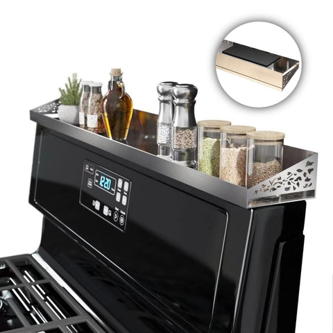 STUTOV front view of stove top shelf showing organized spices and quick access