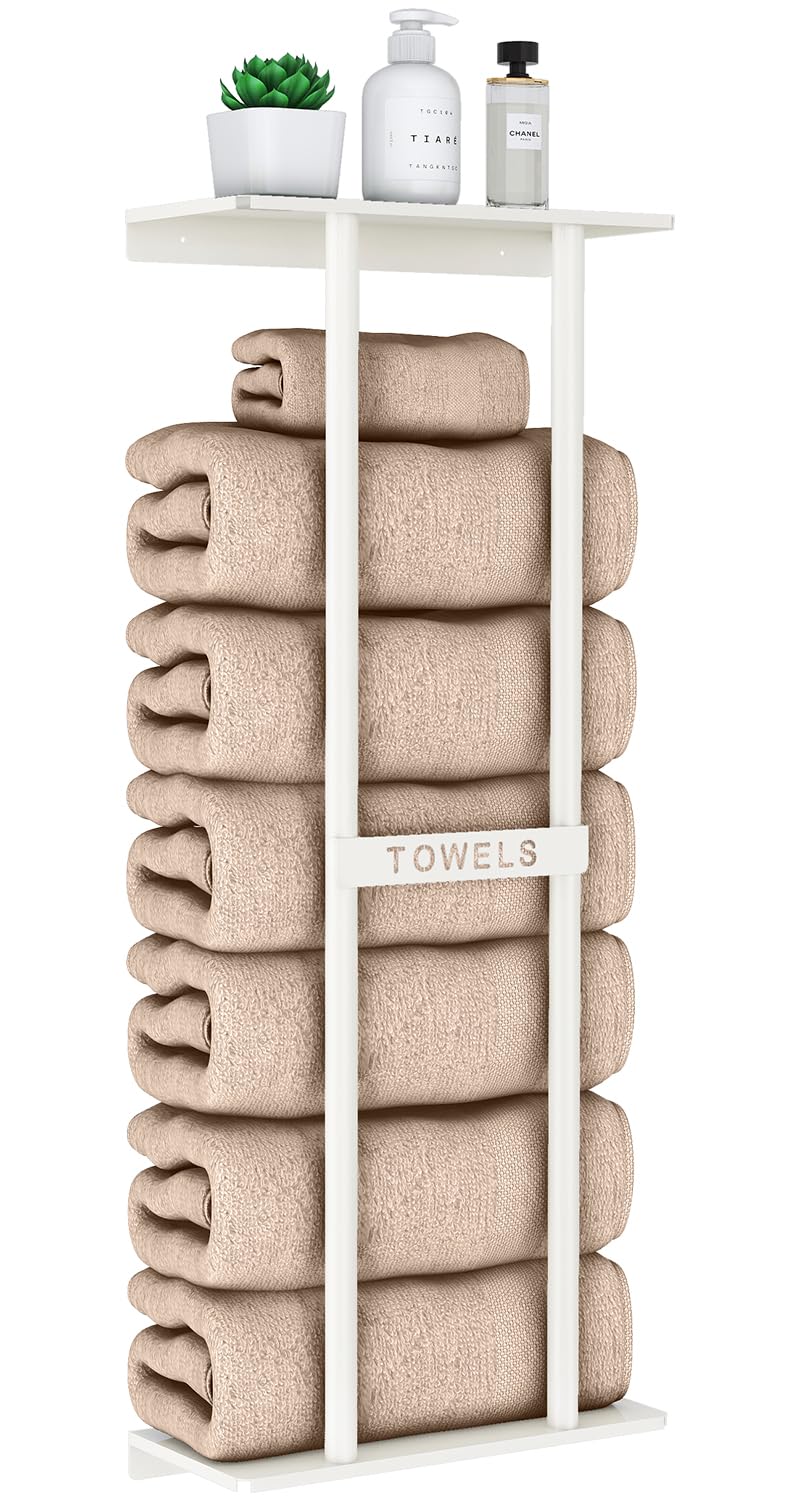 STWWO front view of white wall towel rack showing shelf and bars for space-saving storage