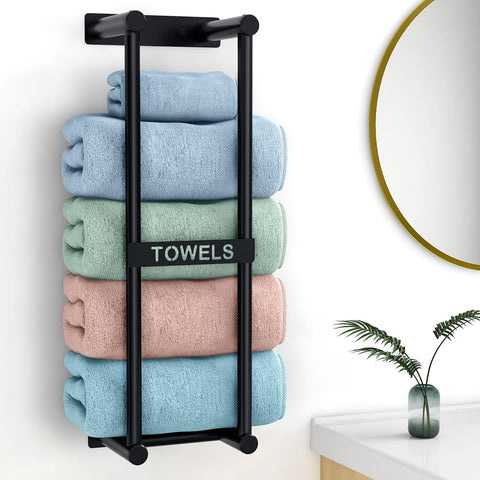 STWWO towel rack front view showing slim black frame and capacity