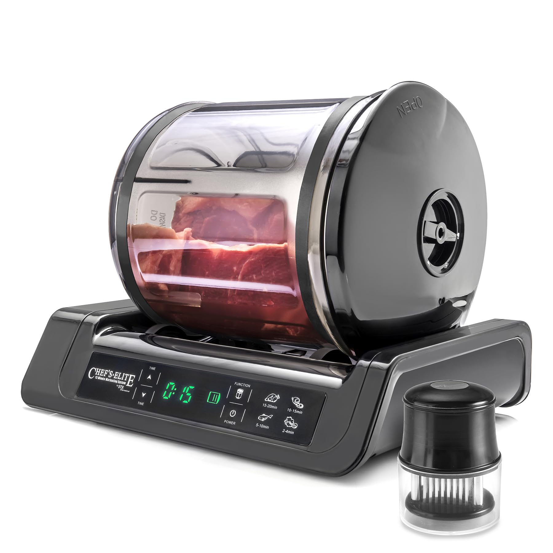 STX International front view showing compact marinating unit and benefits of quick marinades