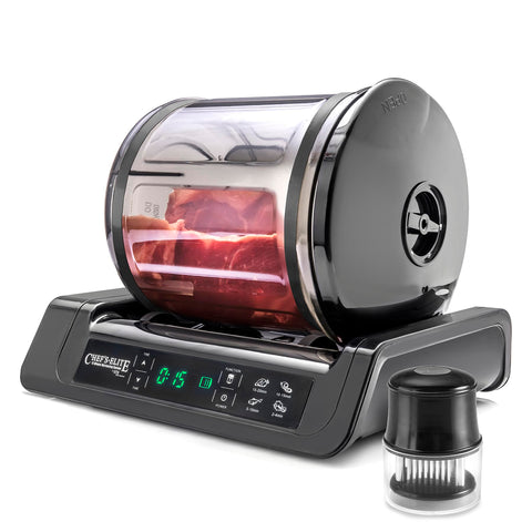 STX International front view showing compact marinating unit and benefits of quick marinades