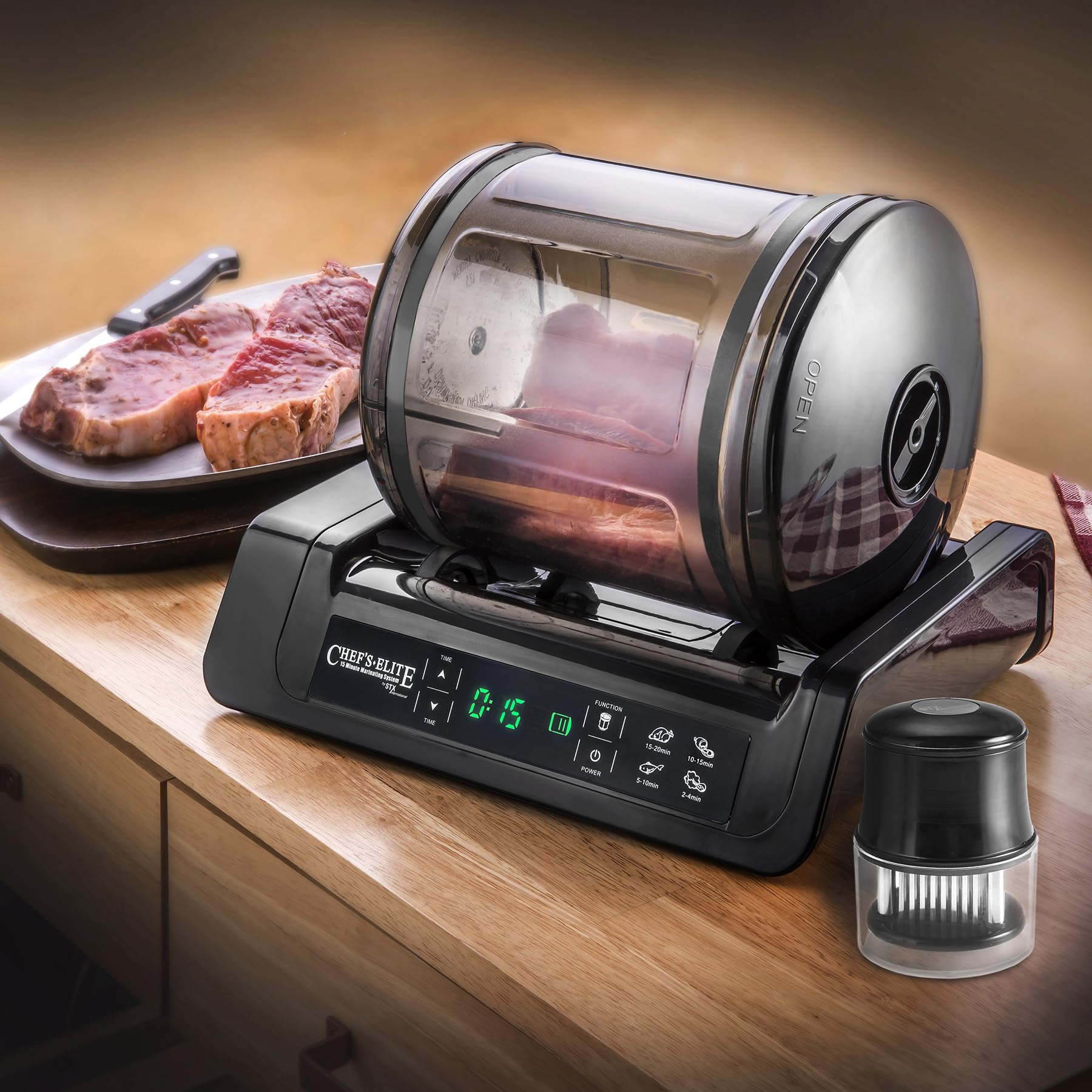 STX International close-up of removable marinating drum for easy cleanup and durability