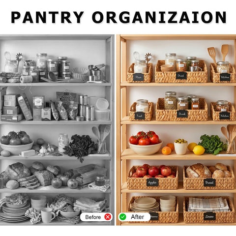 Stylave chalkboard labels attached to baskets illustrating instant content identification