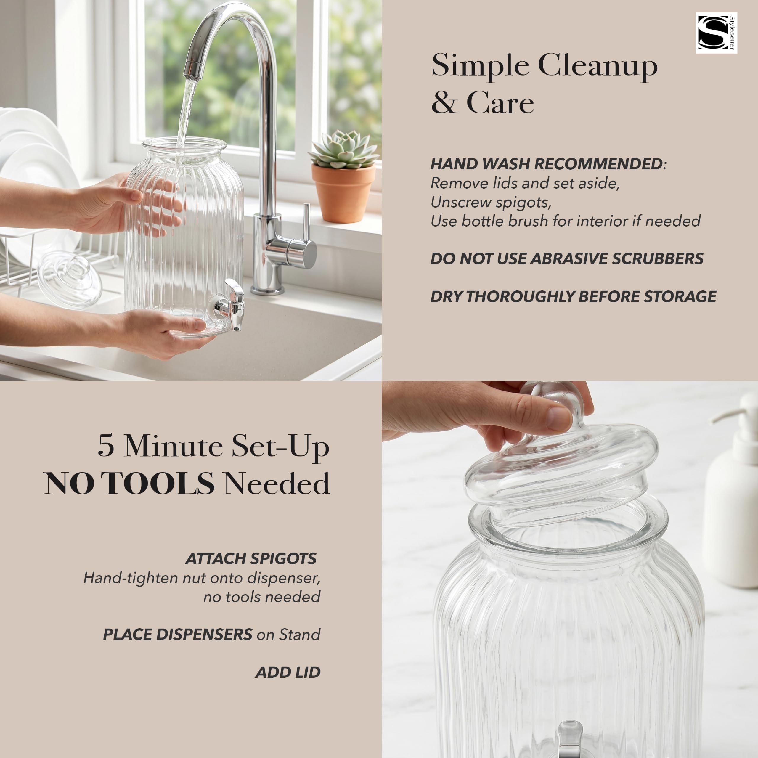 Style Setter size comparison with a drinking glass illustrating generous 1.3-gallon capacity