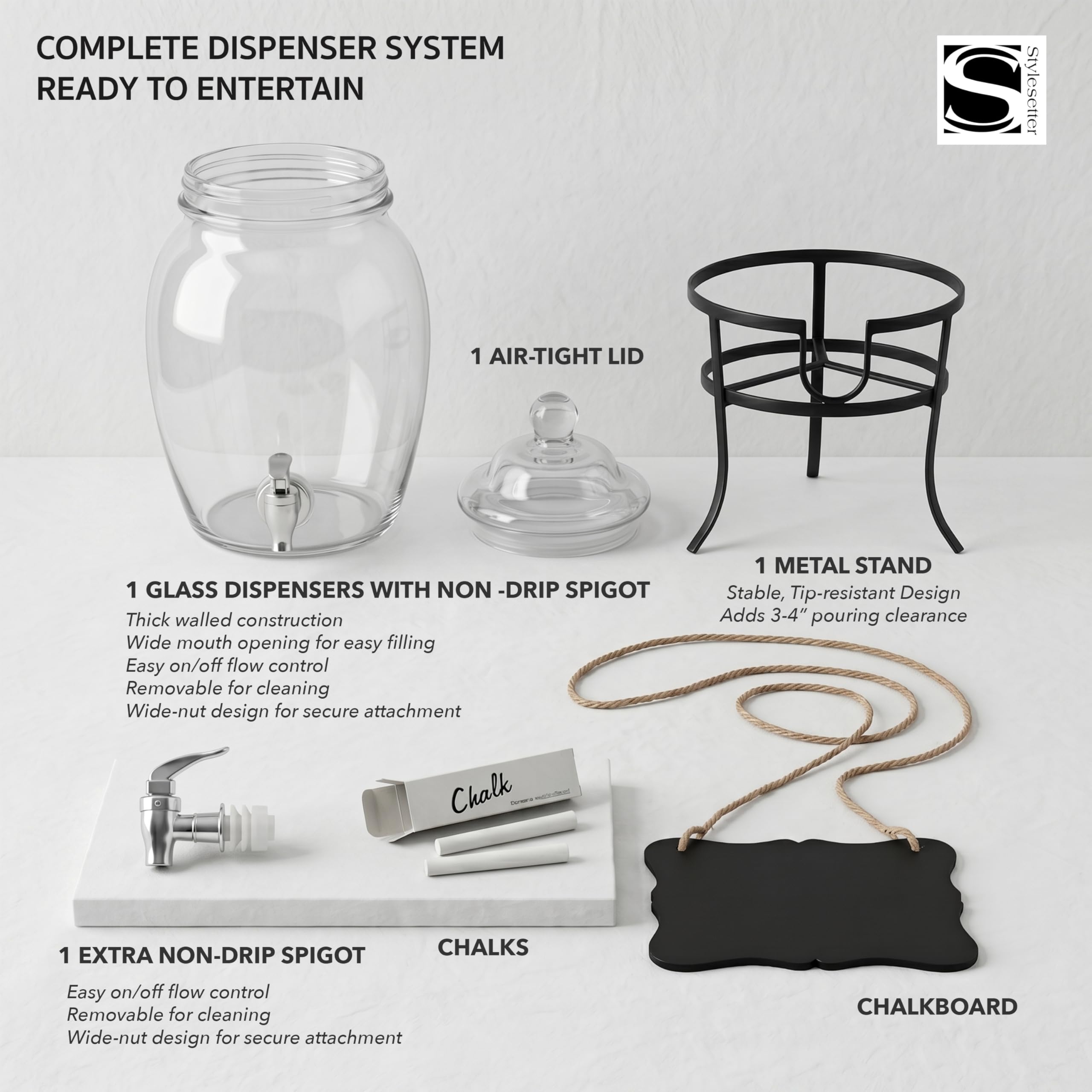 Style Setter next to glasses for scale showing 2‑gallon capacity benefit