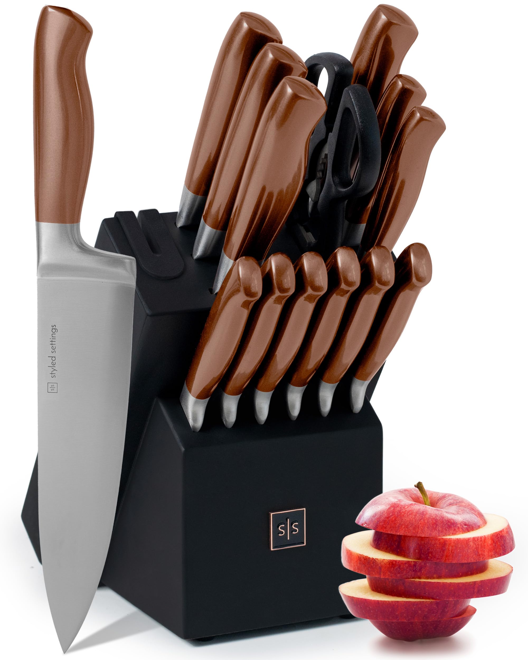 STYLED SETTINGS front view of copper knife set with block, stylish countertop display