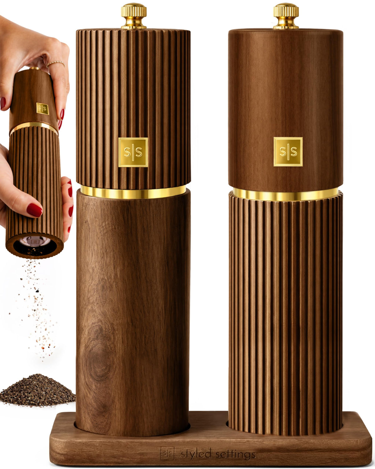 STYLED SETTINGS dark wood grinders front view showing elegant countertop presence