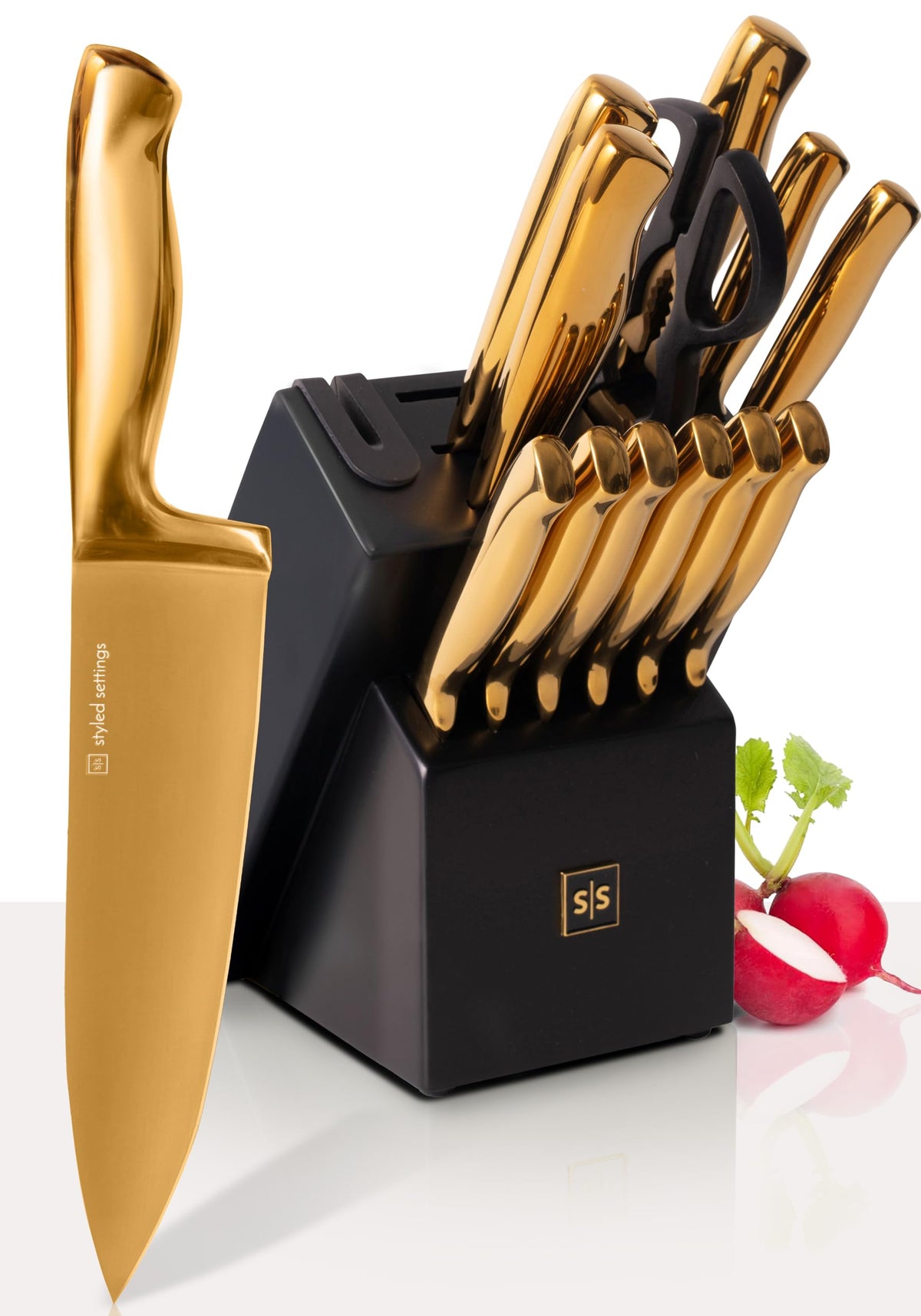 STYLED SETTINGS front view of block with gold knives, adds glam to counters