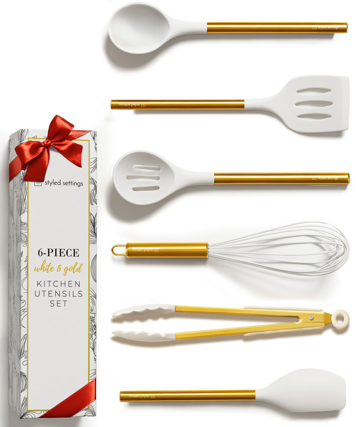 STYLED SETTINGS front packaging showcasing the 6-piece white and gold utensil set for elegant gifting