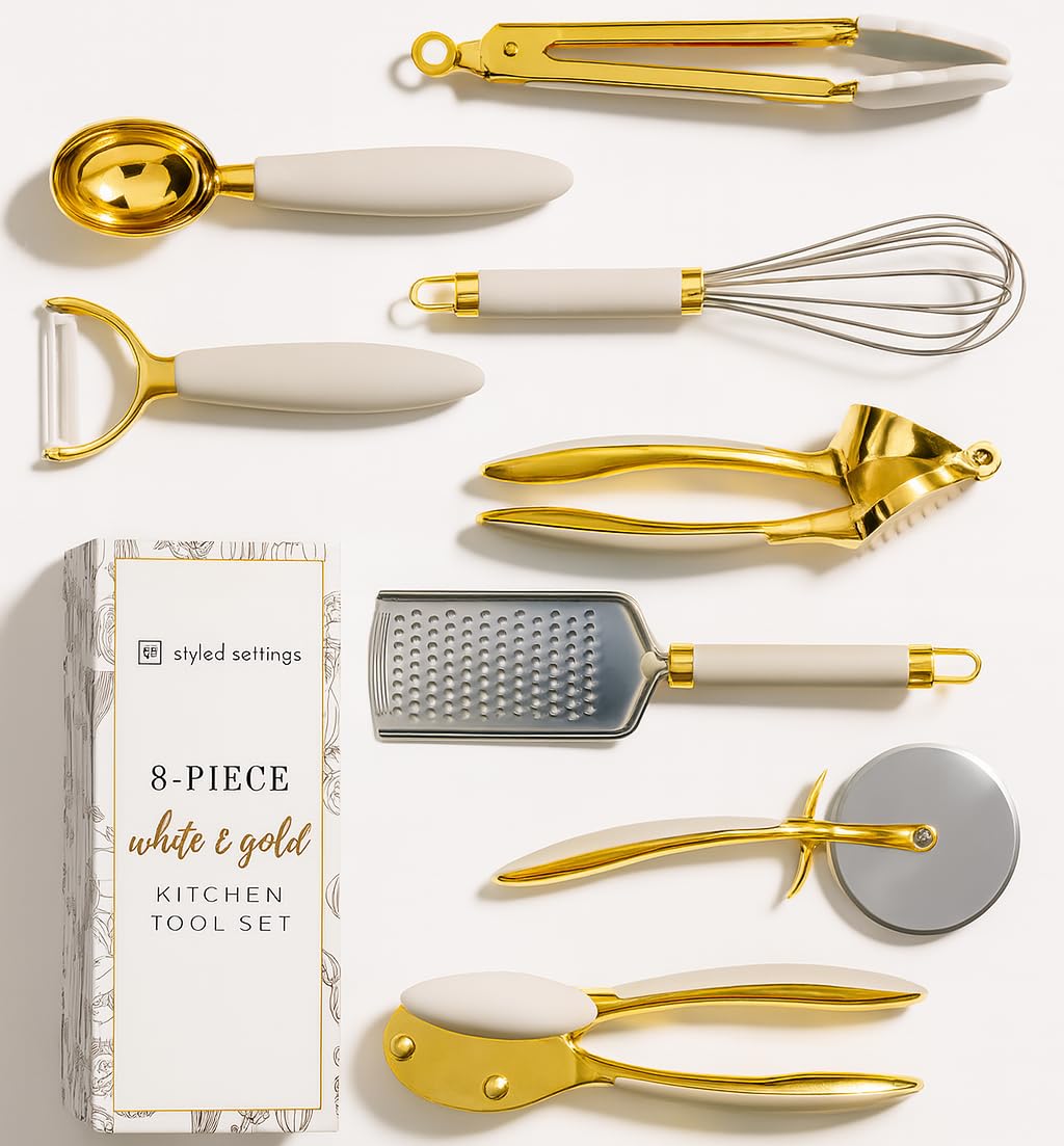 STYLED SETTINGS front packaging showing full 8-piece white and gold utensil set for elegant gifting