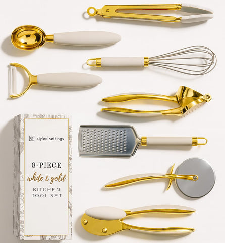 STYLED SETTINGS front packaging showing full 8-piece white and gold utensil set for elegant gifting