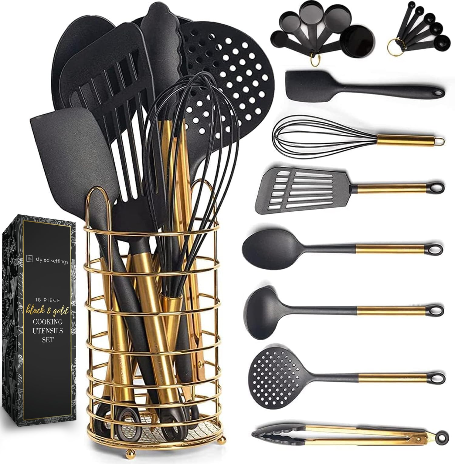STYLED SETTINGS front packaging showcasing the 18-piece black and gold set and cohesive design