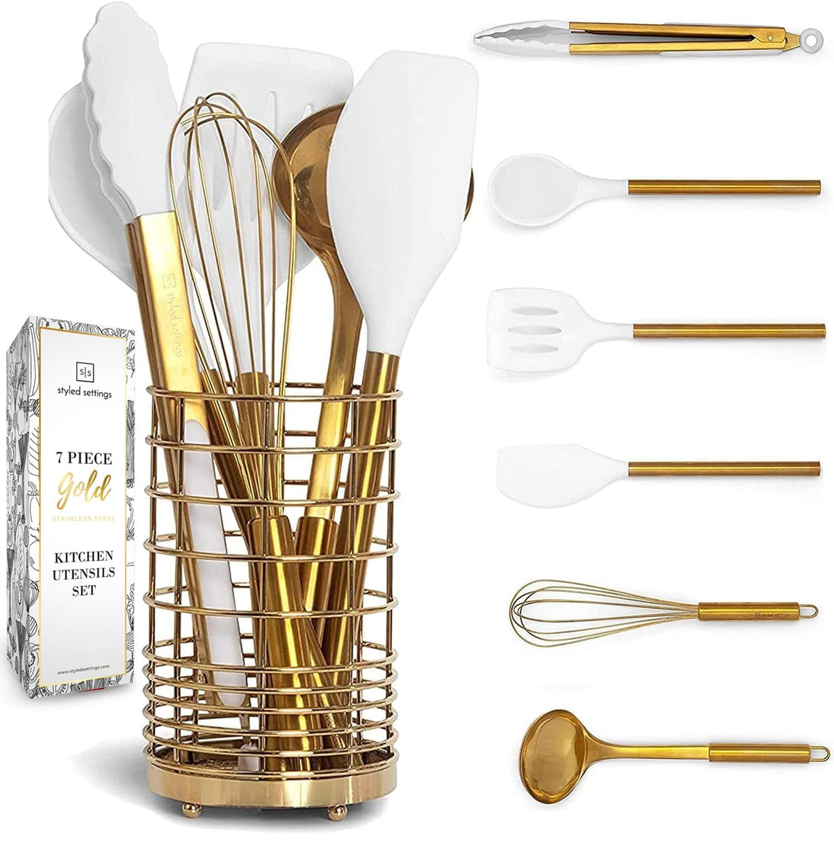 STYLED SETTINGS front view of white and gold utensil set showcasing complete kit