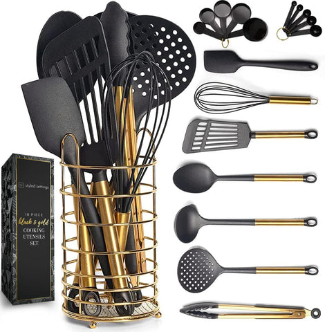 STYLED SETTINGS front packaging showcasing the 18-piece black and gold set and cohesive design
