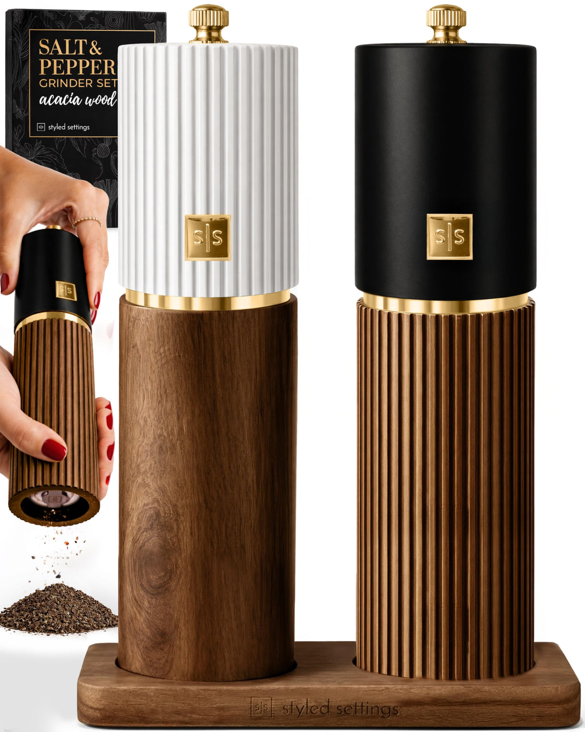STYLED SETTINGS front view of grinder set and stand, stylish countertop organization