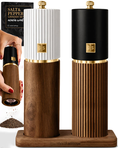 STYLED SETTINGS front view of grinder set and stand, stylish countertop organization