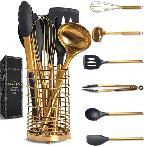 STYLED SETTINGS front view of black and gold utensil set with holder showing style and organization
