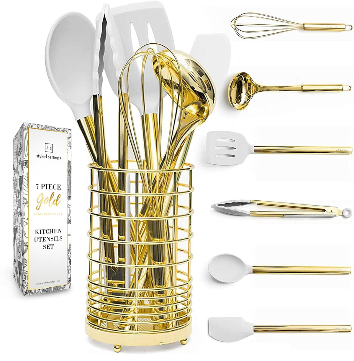 STYLED SETTINGS front view of seven-piece white and gold utensil set showing completeness and style