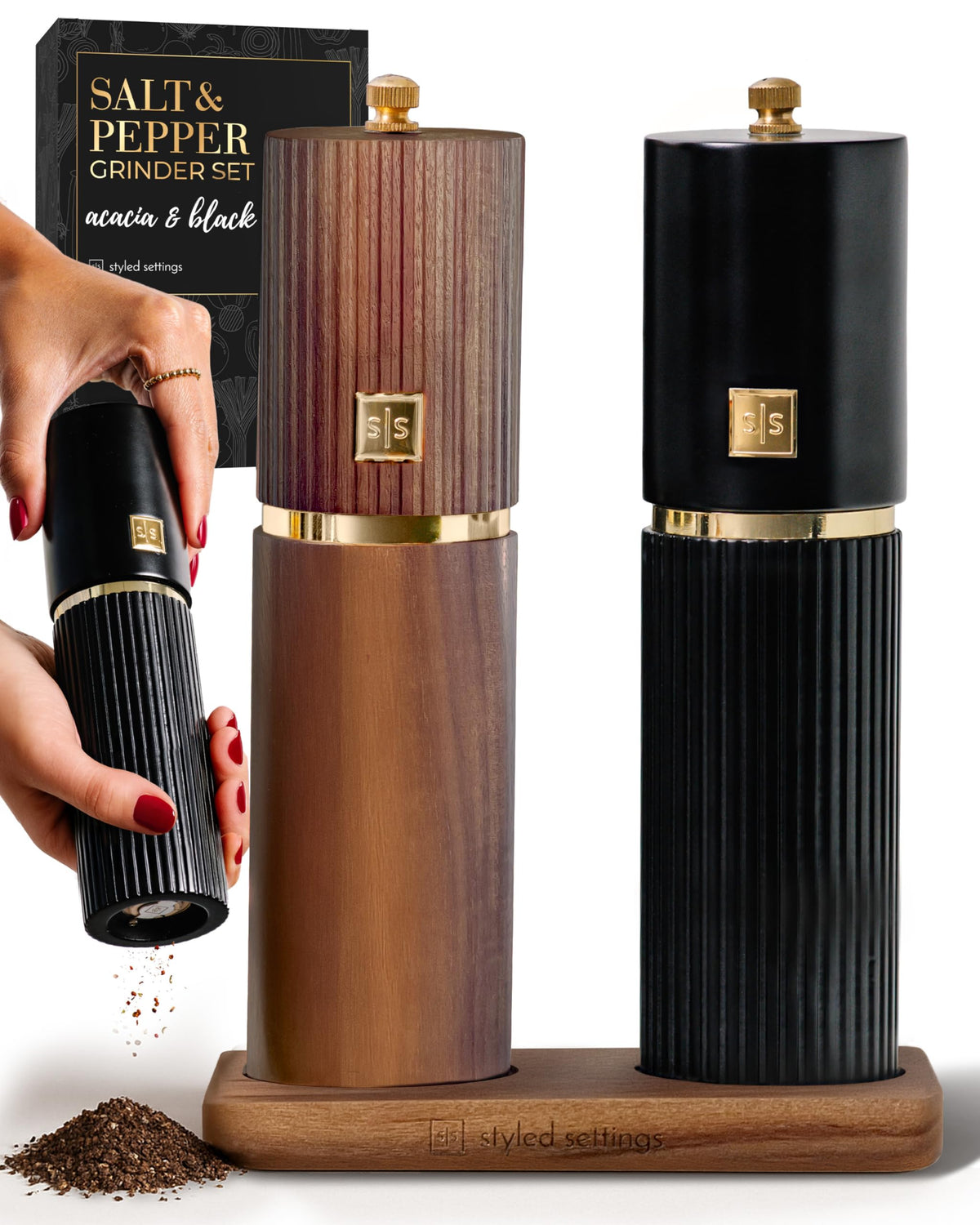 STYLED SETTINGS front view of black and dark wood grinder set, adds countertop style