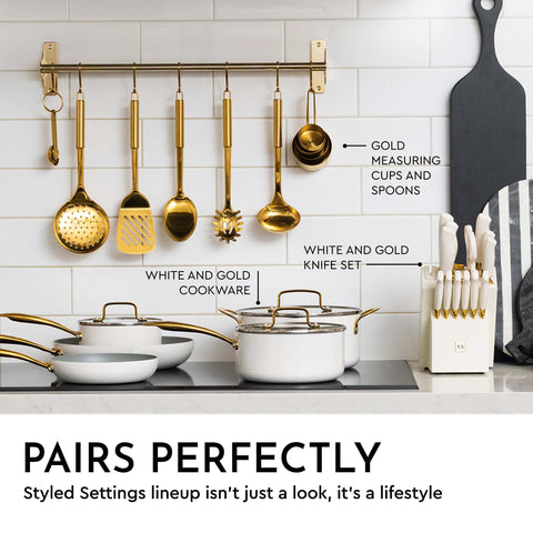 STYLED SETTINGS pasta server detail highlighting scoop shape for easy serving