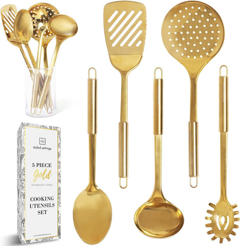 STYLED SETTINGS front view of 5-piece gold utensil set for elegant display