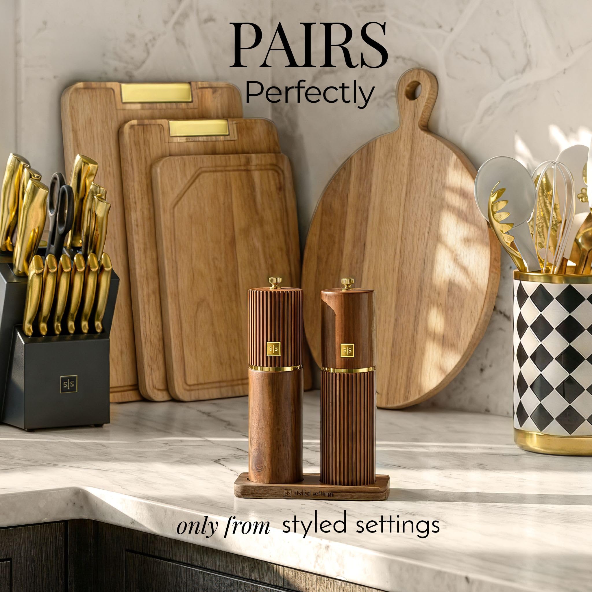 STYLED SETTINGS grinders on matching stand for neat countertop storage and display