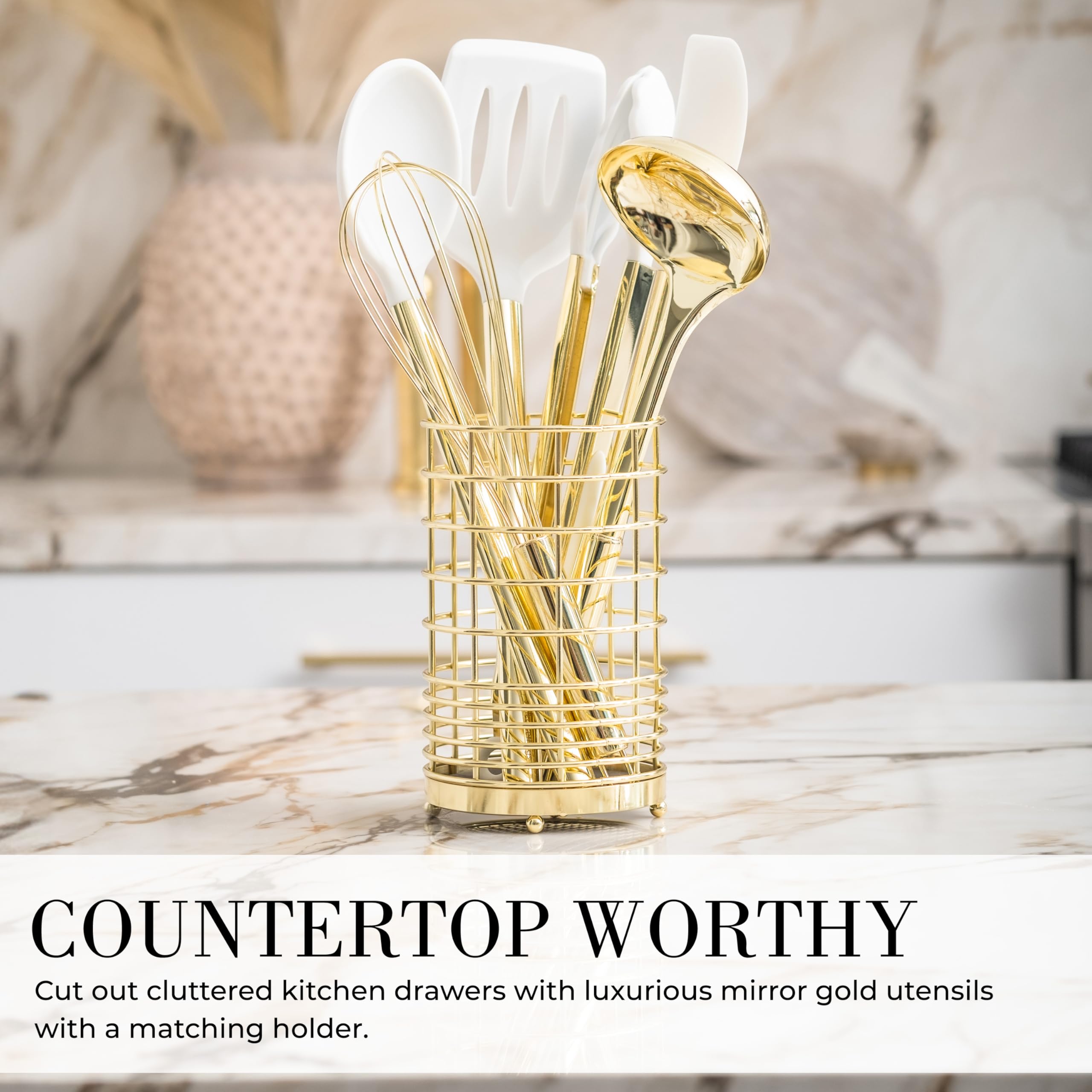 STYLED SETTINGS matching gold holder with tools neatly arranged for tidy organization