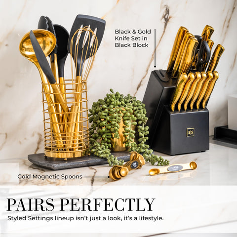 STYLED SETTINGS gold holder on countertop keeping utensils organized and accessible