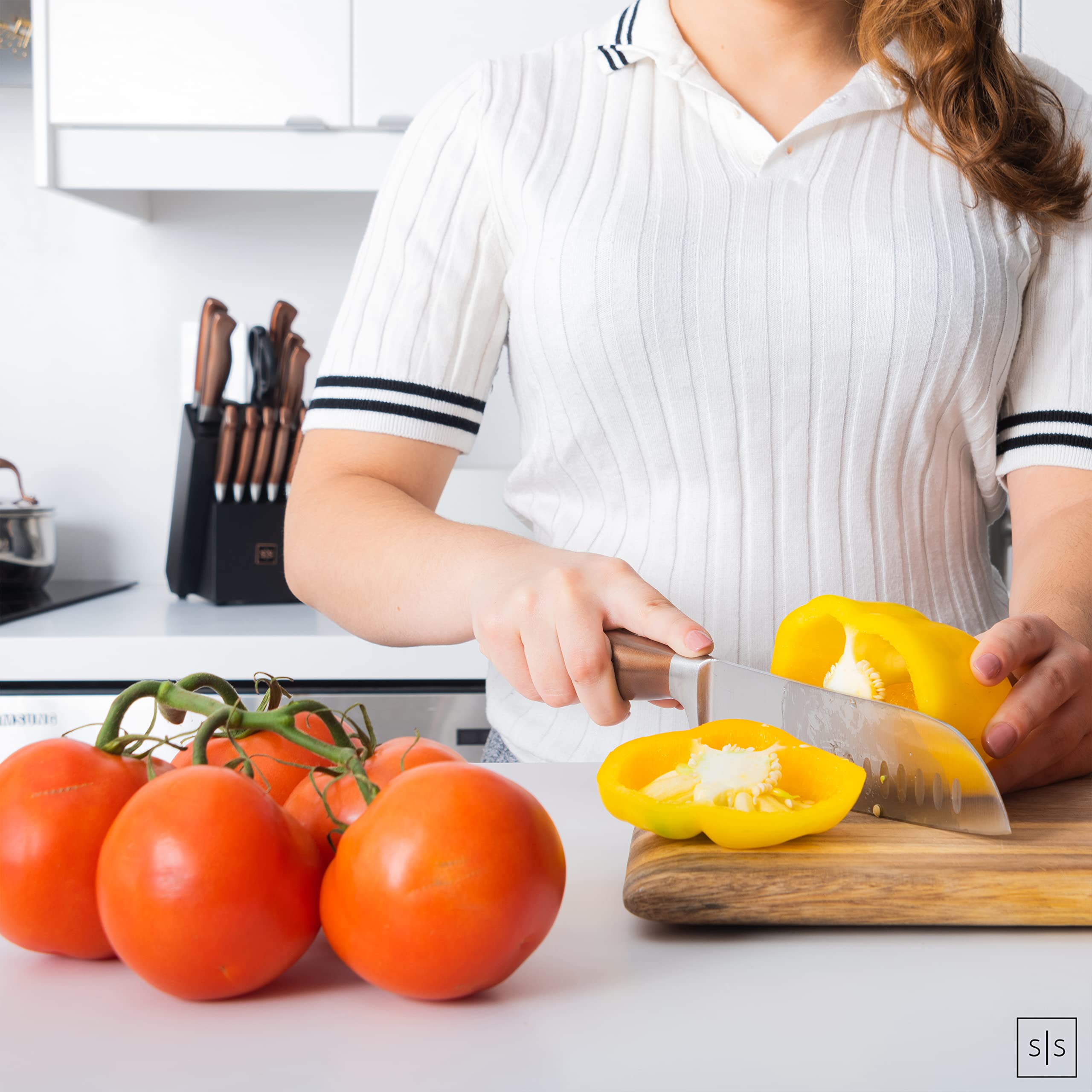 STYLED SETTINGS kitchen shears and utility knife arranged, versatile prep tools