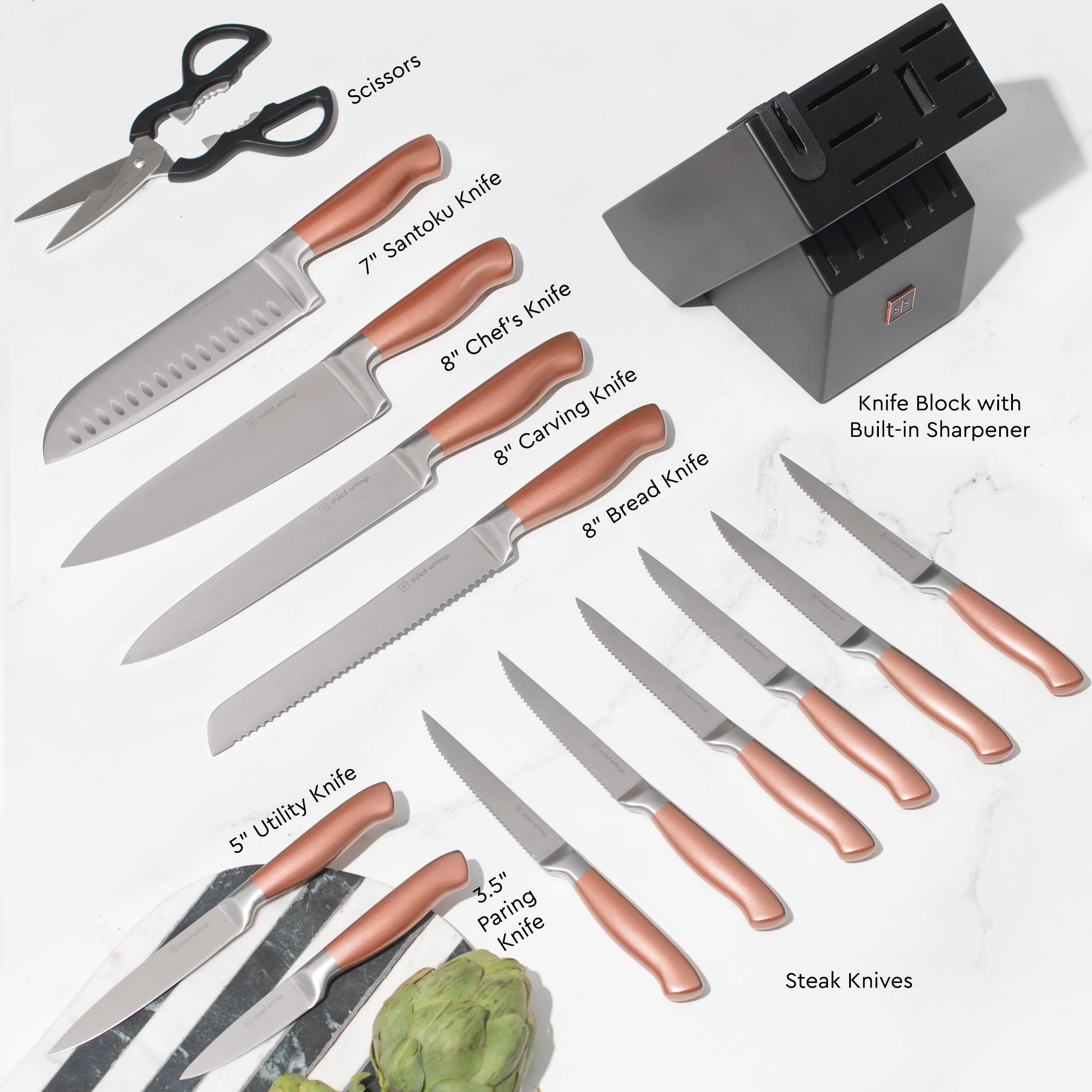 STYLED SETTINGS knife block top showing built-in sharpener, easy edge maintenance
