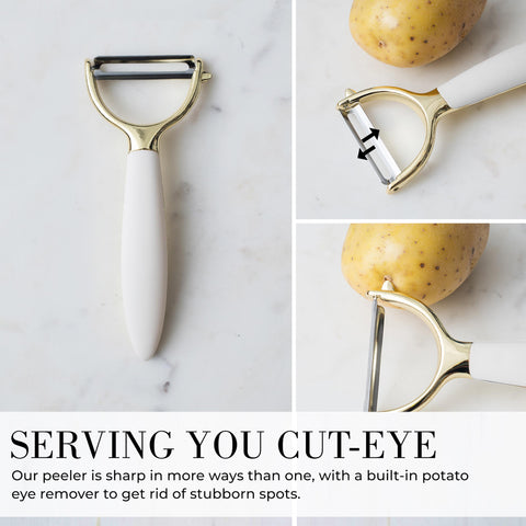 STYLED SETTINGS utensil set styled on a kitchen counter illustrating coordinated white and gold decor