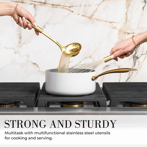 STYLED SETTINGS utensils beside a ruler for scale to show comfortable, ergonomic sizing